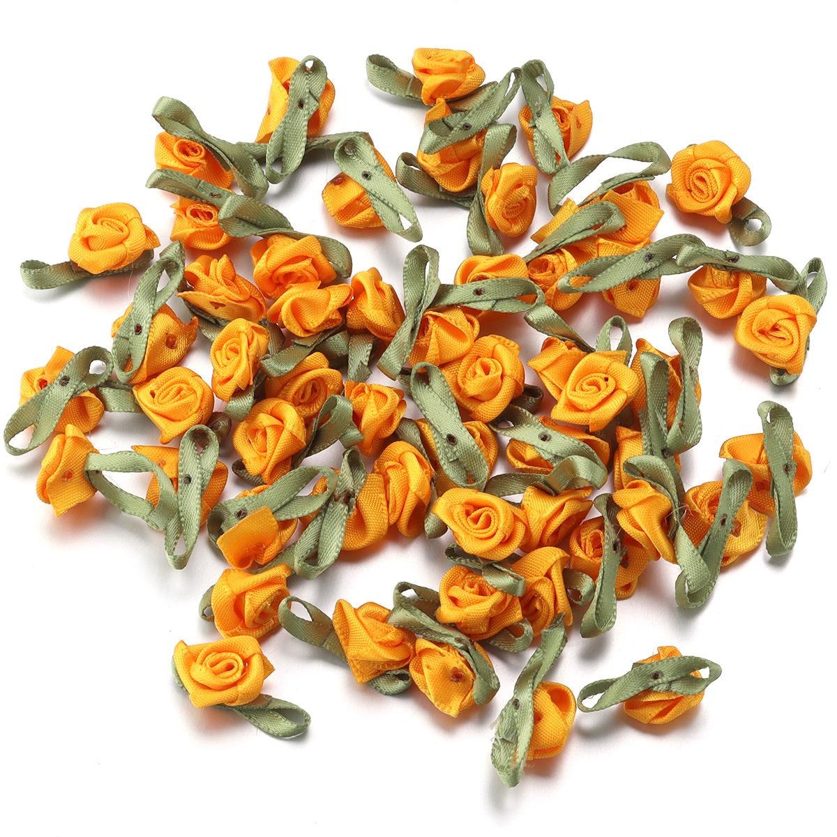 

50pcs 1.5x2.5cm Mini Rose Flower Polyester Satin Ribbon Rosettes Fabric Appliques For Wedding Party Clothing Sewing Decoration 1.5x2.5cm золотий жовтий колір