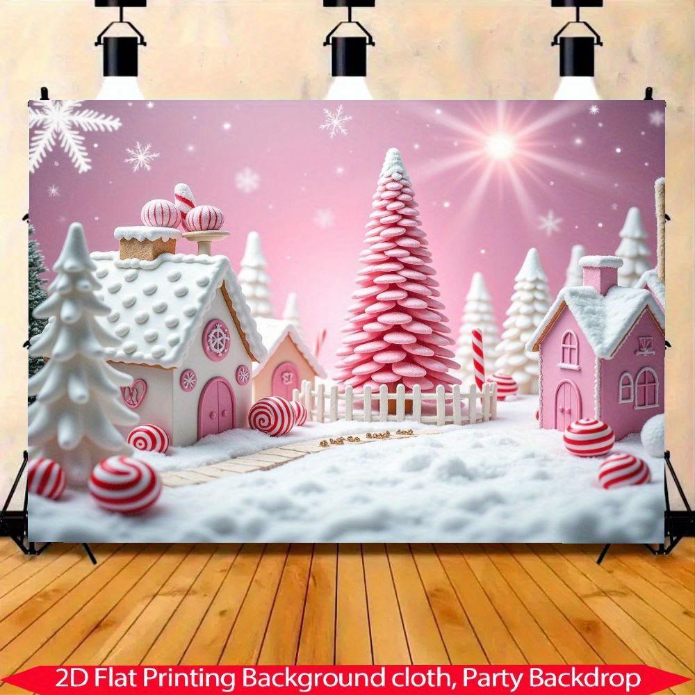 A sweet Christmas village background banner a festive winter wonderland of pink houses candy canes and snow trees