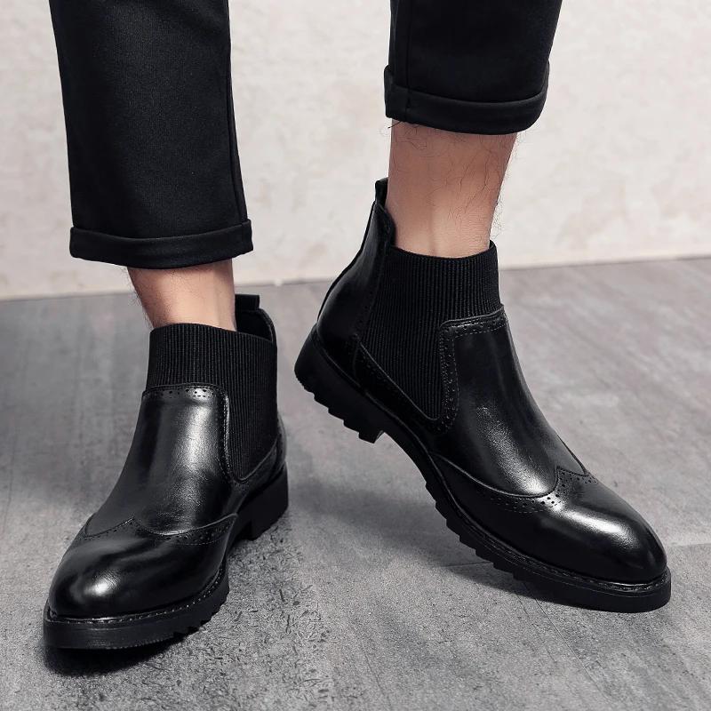 Winter Comfy British Style Man Ankle Boots Leather Brogue Shoe Retro Formal Business Dress Shoe Mens Boots Chelsea Fashion Shoes