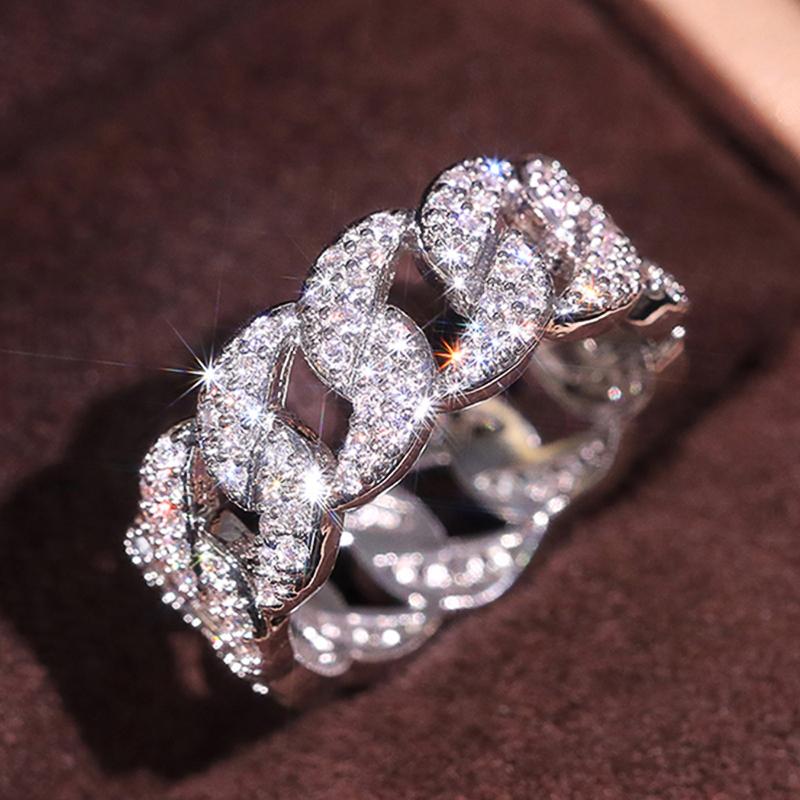 Huitan Chunk Chain Linked Design Women Finger Rings Full Dazzling Crystal Cubic Zirconia Modern Fashionable Jewelry