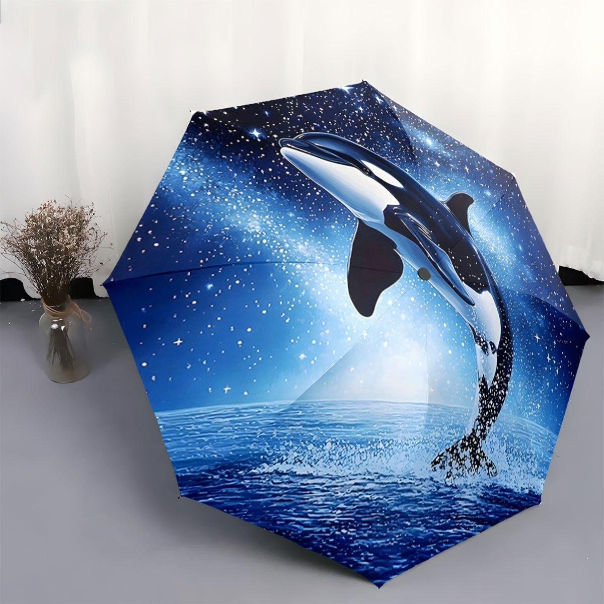 

Automatic Open/Close Umbrella with Jumping Whale Design - Compact Folding Umbrella, Windproof & High Quality, for Travel, Comm (as the picture,Iron&8K)