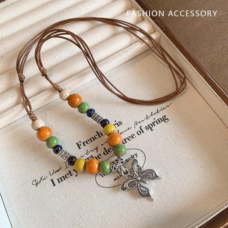 Женское ожерелье Zen Retro с перьями - Этническая многослойная цепочка с бусинами для ключицы, длинный богемный стиль