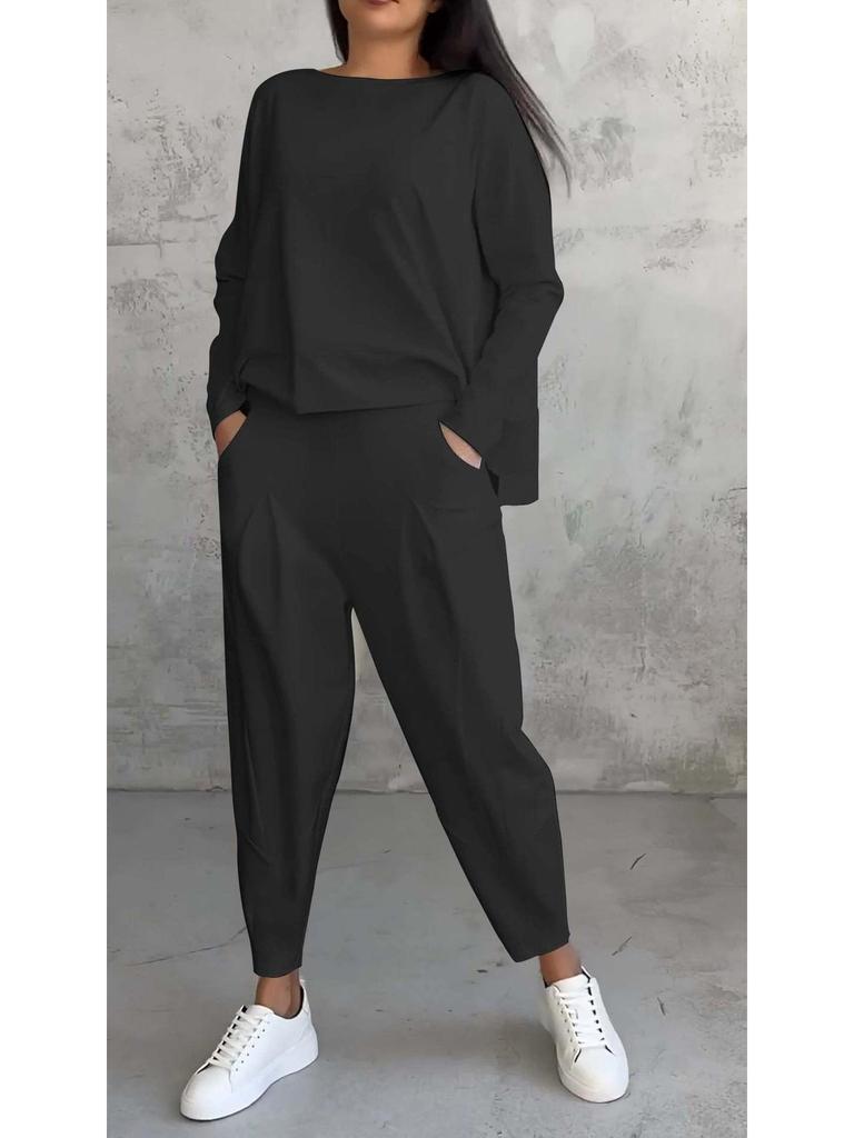 Women's Cross-Border Irregular Design Long-Sleeve Sweatshirt and Harem Pants Set, 2024.