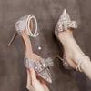 Pointed Toe Hollow Sandals Bridal Wedding Dress Versatile Rhinestone Crystal Strap Single Shoes