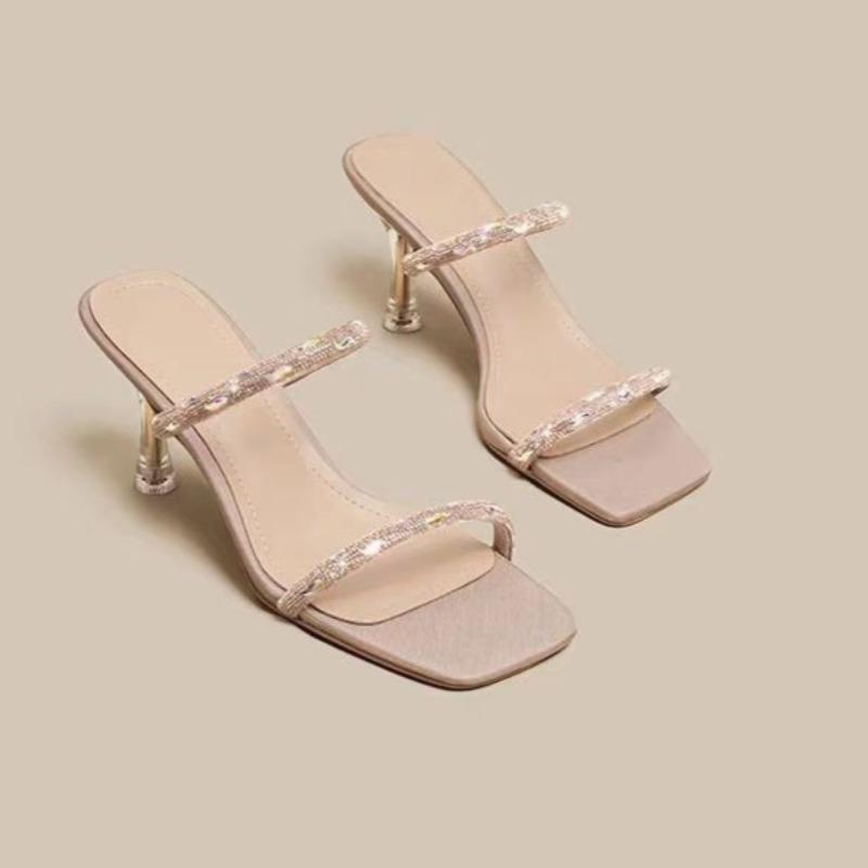 Fashion Summer Fashion Stiletto Slippers Square Open Toe Glitter Thin Strap Set Foot Anti-slip Wear-resistant Heels