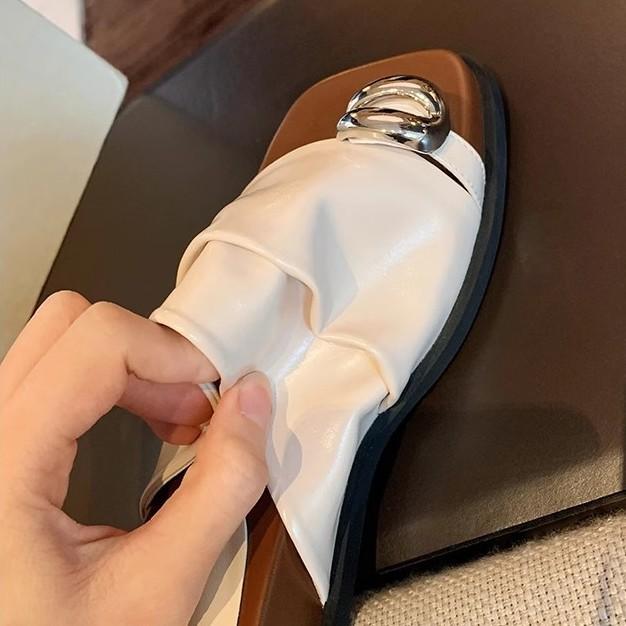 Grape Mother of the Same Style, Height Increased by 4cm~ French Metal Buckle Fold Width One-word Set Toe Slope Heel Leather Sandals Female Summer