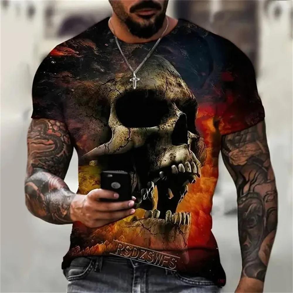 Summer Round Neck 3D Interesting and Terrifying Skull Pattern Print Top Fashionable Casual Short Sleeved Men's T-shirts