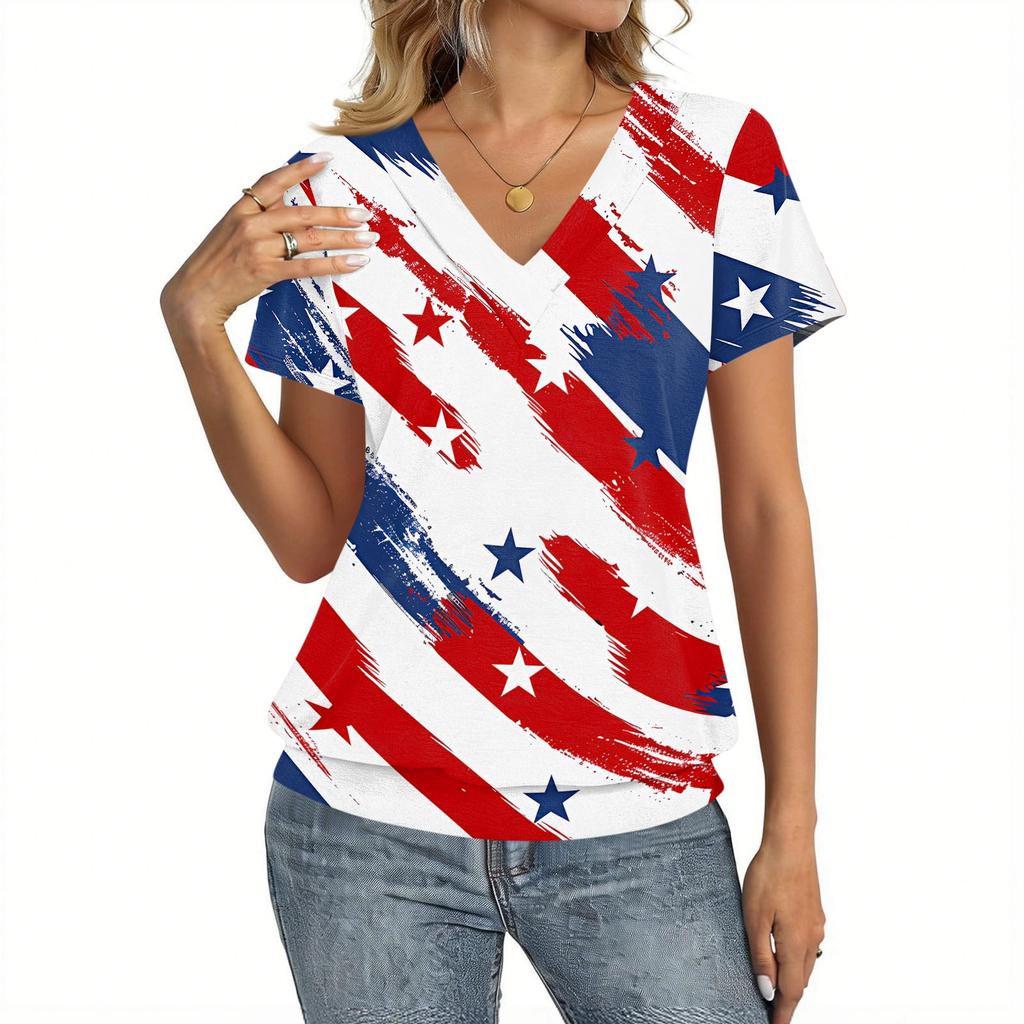 Women's Casual V Neck Short Sleeve Top Independence Day Print Lightweight Comfortable Summer Shirt for Everyday Wear