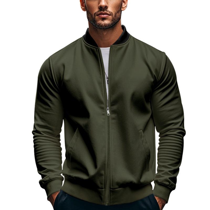 Spring and Autumn Men's Stand Collar Jacket Solid Color Leisure Sports Long Sleeve Zipper Coat Straight Tube Large Size