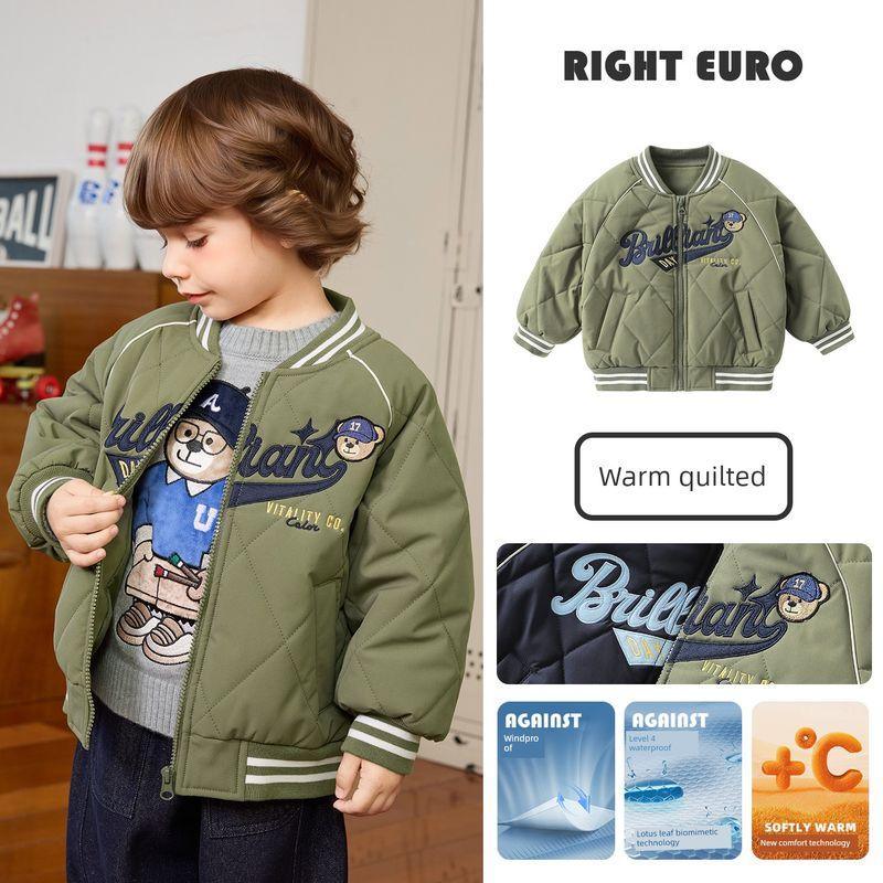 Right European Style Boys  Academy Bear Series Baseball Cotton Jacket Waterproof Warm Cotton Clothing Children s New Winter Style Army Green((in Stock)) 90cm