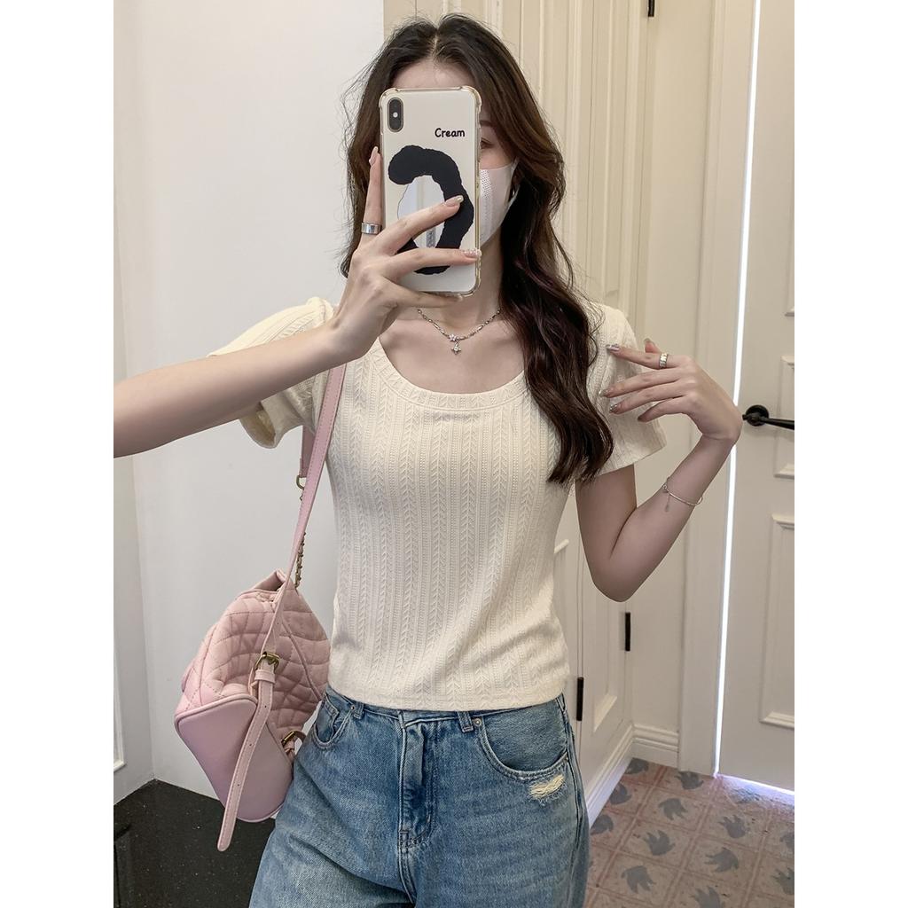 Front shoulder U-neck short-sleeved T-shirt for women's summer pure desire, slim and thin bottom top
