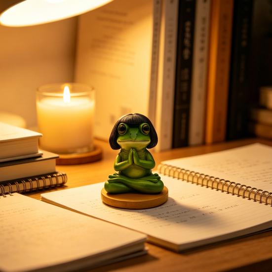 Meditation Frog Figurine, Bob Haircut Resin Frog Statue, Sitting Animal Sculpture Decoration for Yoga Room, Home, Office