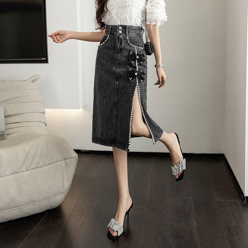 Fustă denim cu fundă și unghii pentru femei, de vară, cu talie înaltă și șolduri divizate