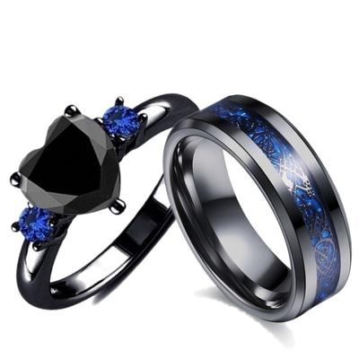 Popular Couple Romantic Couple Ring Fashion Anniversary Wedding Black Heart Cubic Zirconia Ring Set Lover Gift