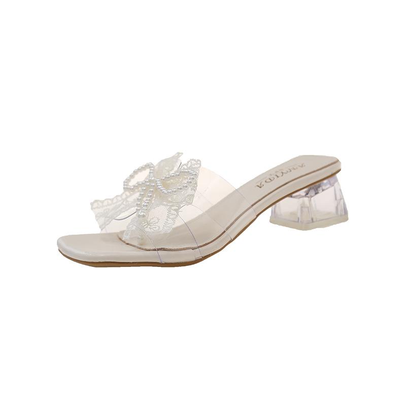 2025 summer new Internet celebrity fairy wind transparent word with bow high heel female rhinestone square head empty slippers