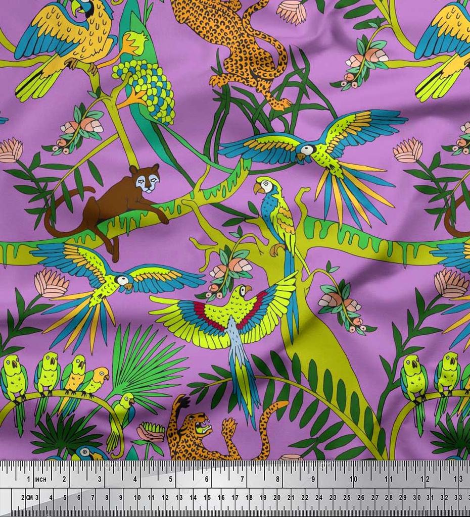 Soimoi Japan Crepe Satin Fabric Branches,Parrot & Leopard Jungle Print Fabric by the metre 42 Inch