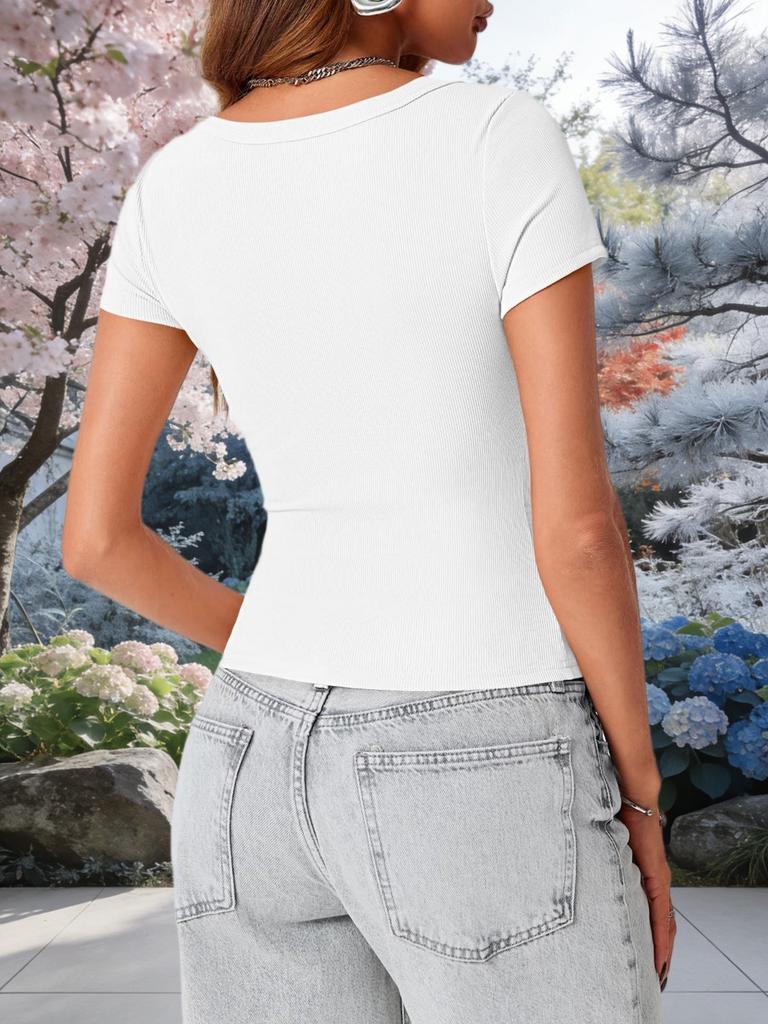 Womens Ribbed Scoop Neck T Shirt Slim Fit Short Sleeve Basic Summer Top