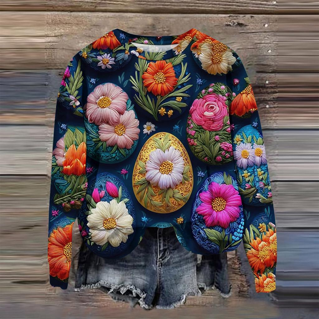 Kadın Moda Baskılı Uzun Kollu Bol Yuvarlak Yaka Sweatshirt Üst Sonbahar