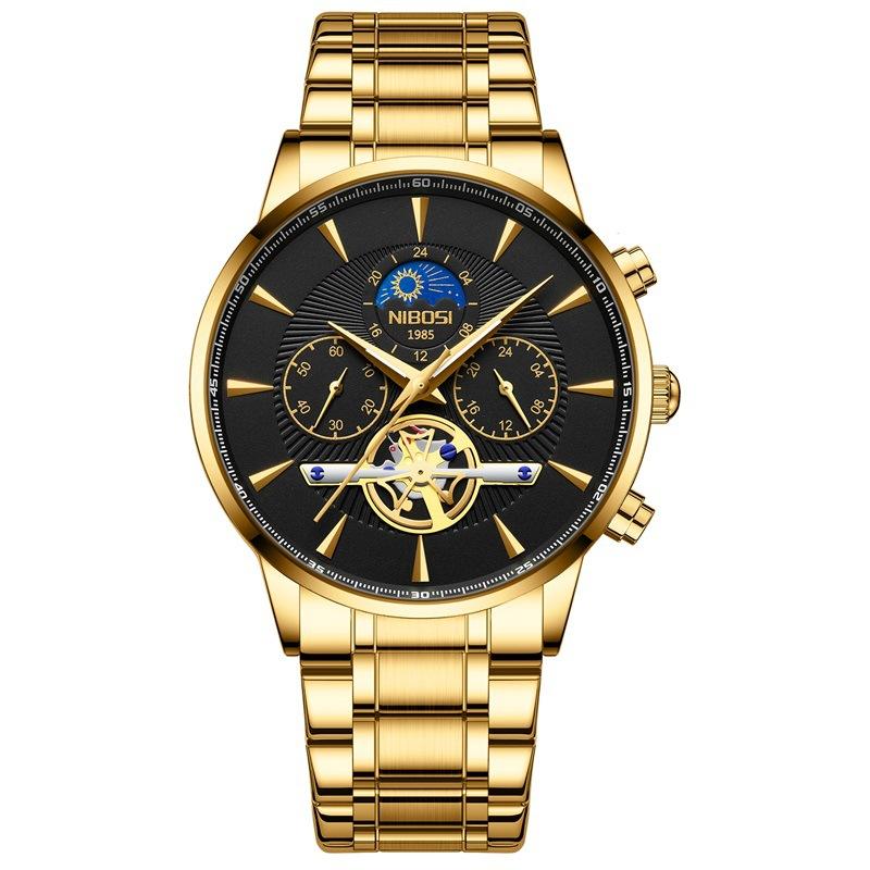 Business Quartz Watch Stainless Steel Belt Sun Moon Star Men'S Moon Phase Watch