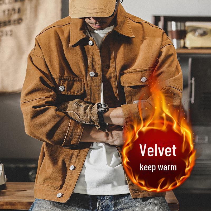 

Мужская джинсовая куртка в стиле ретро - плотная, повседневная плюс бархат, коллекция осень/зима 2024 XL (145-160 jin)