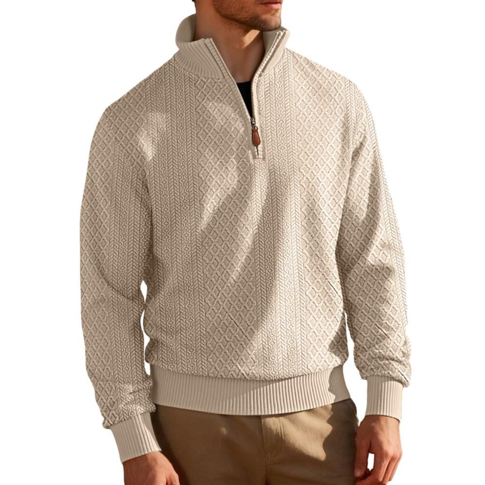 New American Fashion Men Sweatshirts Casual Loose Stand Collar Zip-up Long-sleeved Pullover Leisure Jacquard Solid Color Tops
