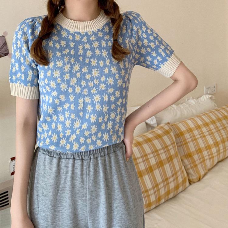 Ретро темперамент рукав-фонарик ромашки цветочный короткий рукав трикотажный свитер топы женский повседневный летний базовый комфорт и стиль облегающие пуловеры футболки One Size синий