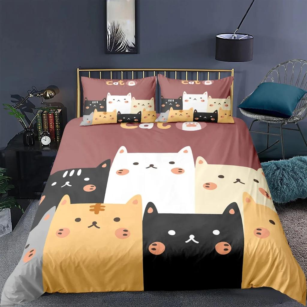 Cartoon Cat Duvet Cover Set Pet Cat Comforter Cover Cute Kitten Neon Light Bedding Set 3D Cat Lover's Bedspread Cover