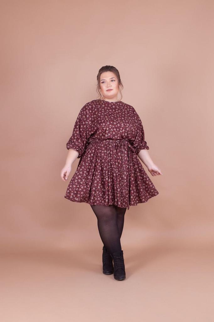 Women's Big Size Dress Plus Size Burgundy Velvet Floral Patterned Bat Sleeve Dress