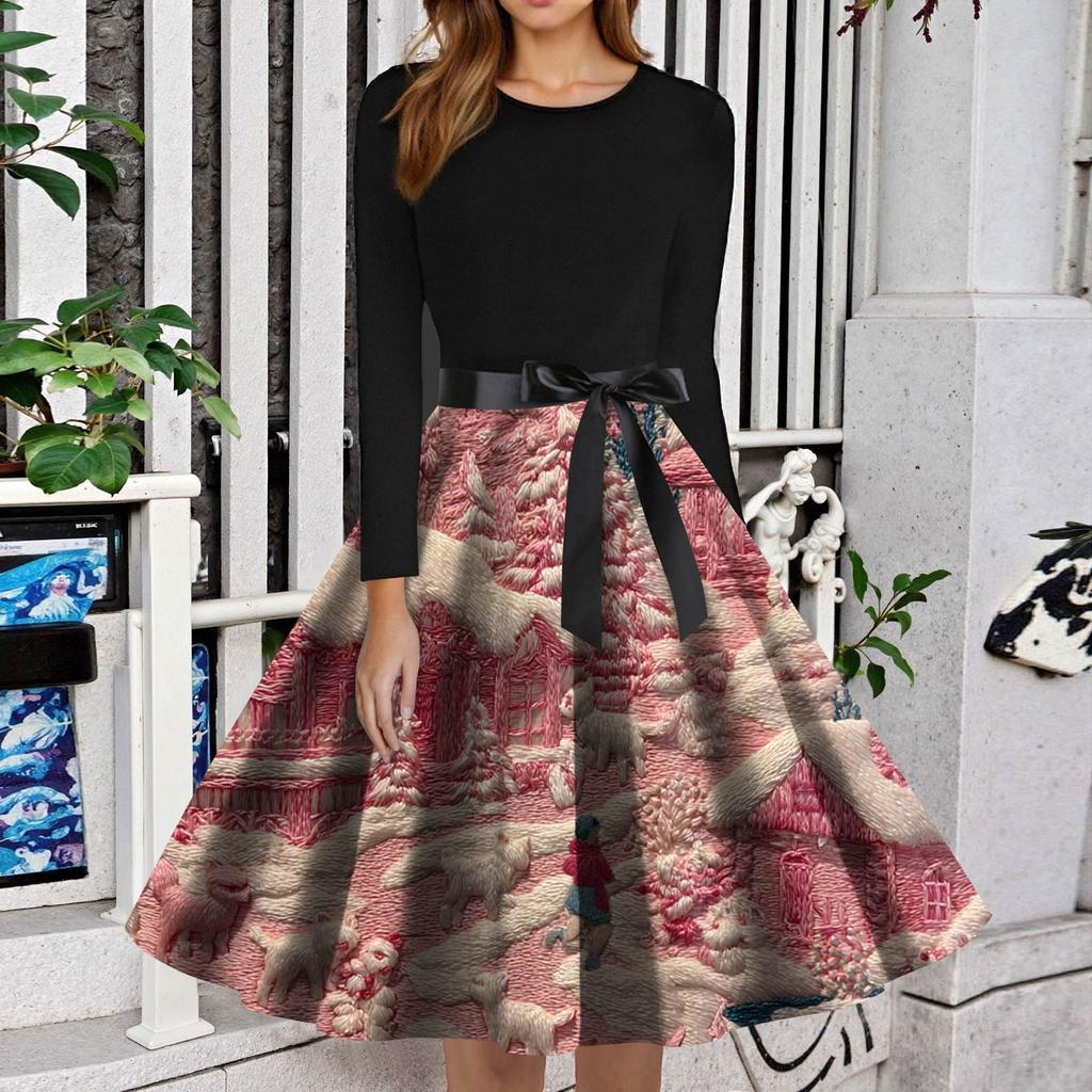 Dame Mote Rund Hals Slim-Fit Juleprint Langermet Kjole