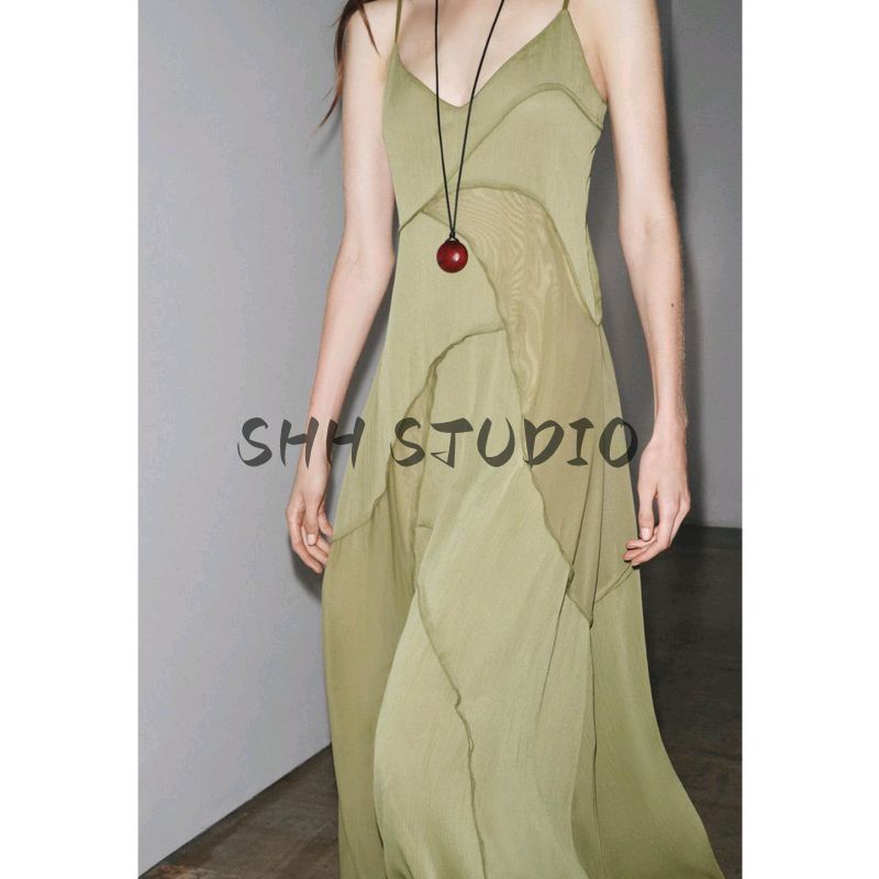 New Fall Women's Clothing French Style V-neck Fashion Draping Effect Splicing Sling Long Dress 1223453