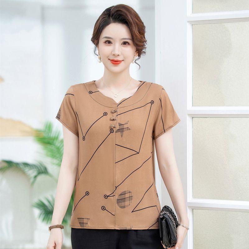 Mom's New Chinese Style Plus Size Loose T-shirt: Stylish Summer Short-Sleeved Top for Middle-Aged Women