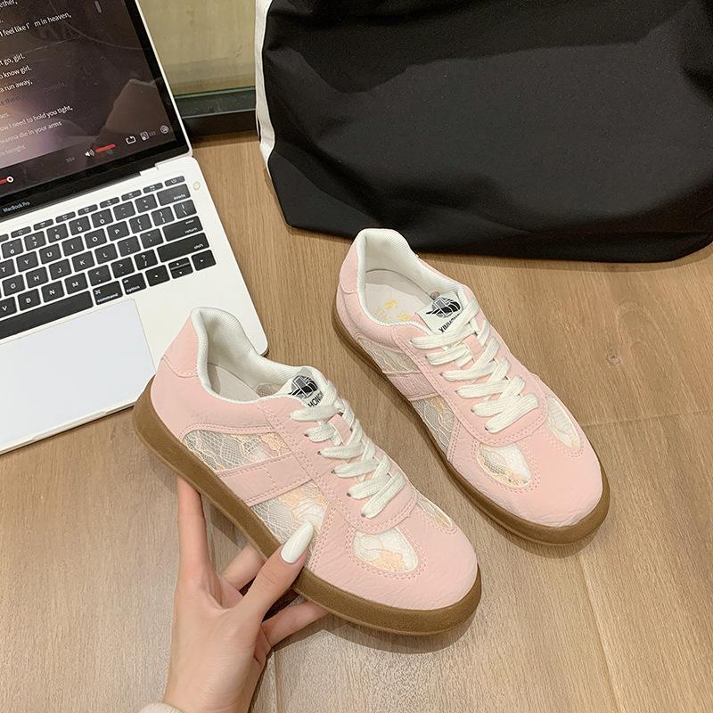 Faux leather lace German training shoes women's 2025 summer new Korean version of platform muffin color matching lace-up casual sports shoes