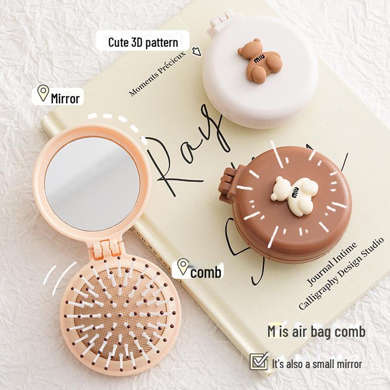 Mignon Ours Miroir Pliant & Peigne Coussin d'Air - Mini Brosse de Massage Portable avec Miroir