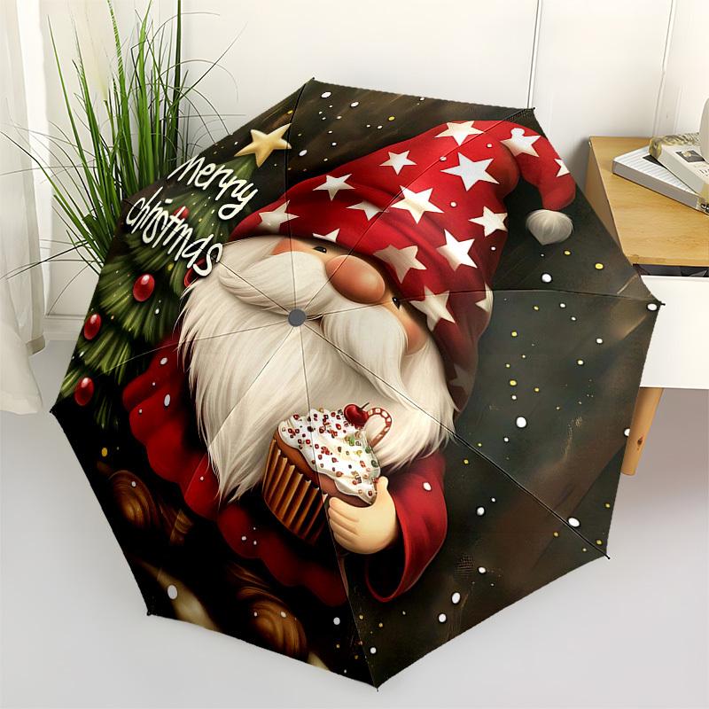 1 Stück Frohe Weihnachten Wichtel mit Cupcake, Automatisches Öffnungs- und Schließschirm, Tragbares 3-fach faltbares Design, 8-Speichen-Eisenrahmen, Outdoor-Schirm, Festliches Geschenk für Fans,