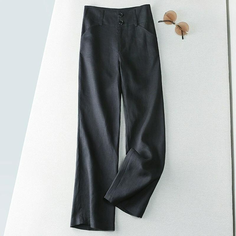 Falling Linen Straight-leg Pants Women's Summer Semi-elastic Slimming Casual Pants Cotton and Linen Wide-leg Trousers