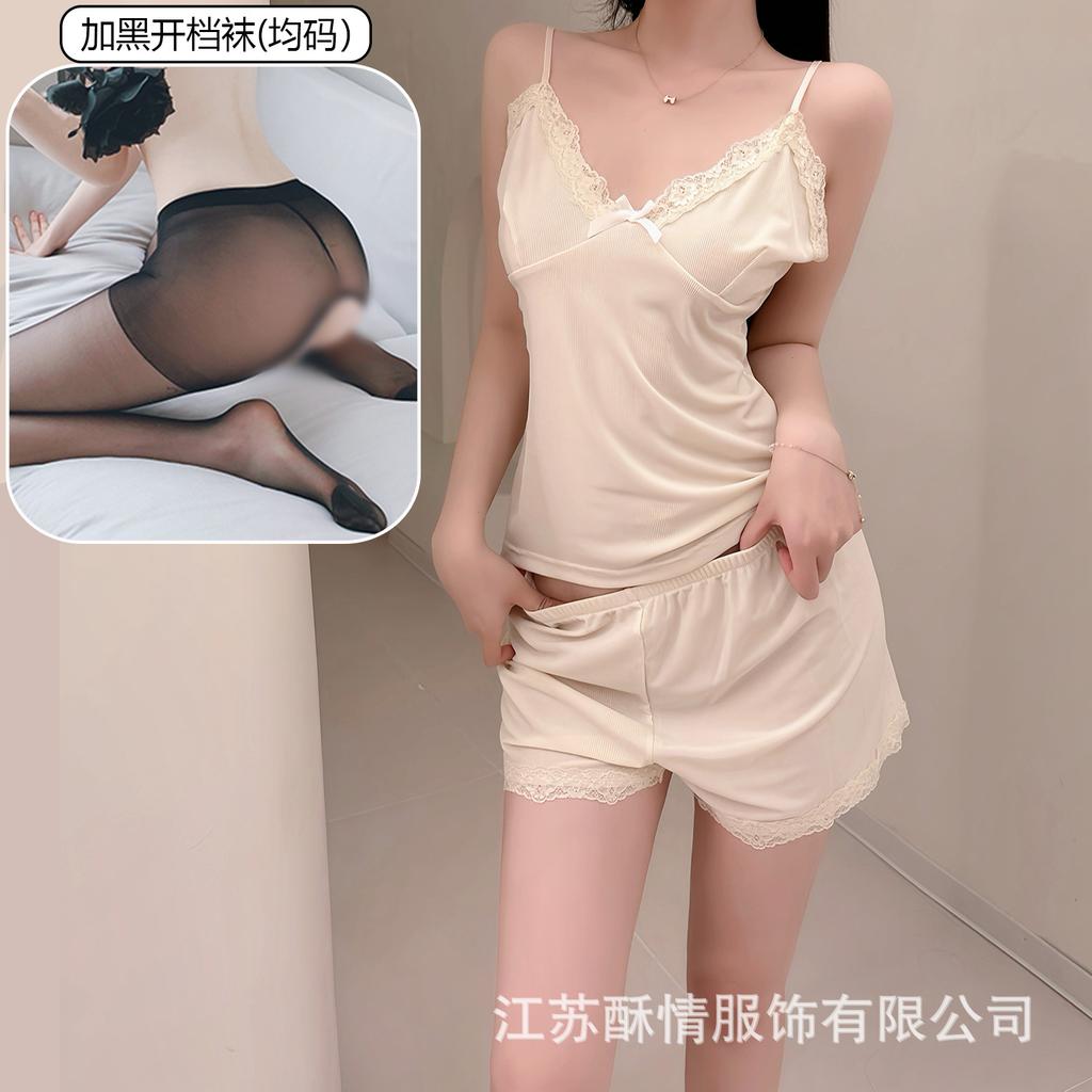 Crispy pajamas women's spring and summer girls' pure desire suspender shorts lace flower sexy pink loungewear set
