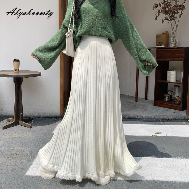 Moda Coreana Otoño Invierno Mujer Falda Maxi Larga Cintura Alta Beige Negro Punto Plisada Falda Tejida Flecos Elegante Femenina Faldas