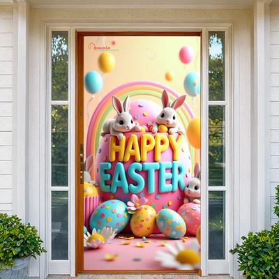 Happy Easter Bunny Backdrop Banner Easter Decorative Background for Spring Party Egg Hunt Celebration Holiday Decor Photo Props