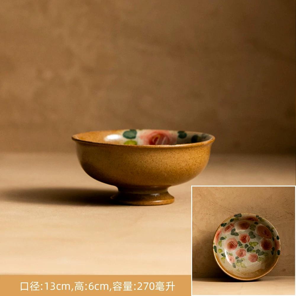 Creative Retro Pastoral Style Ceramic Bowl Hand-painted Flower Household Breakfast Bowl Soup Bowl Underglaze Color Chinese Tableware Jingdezhen