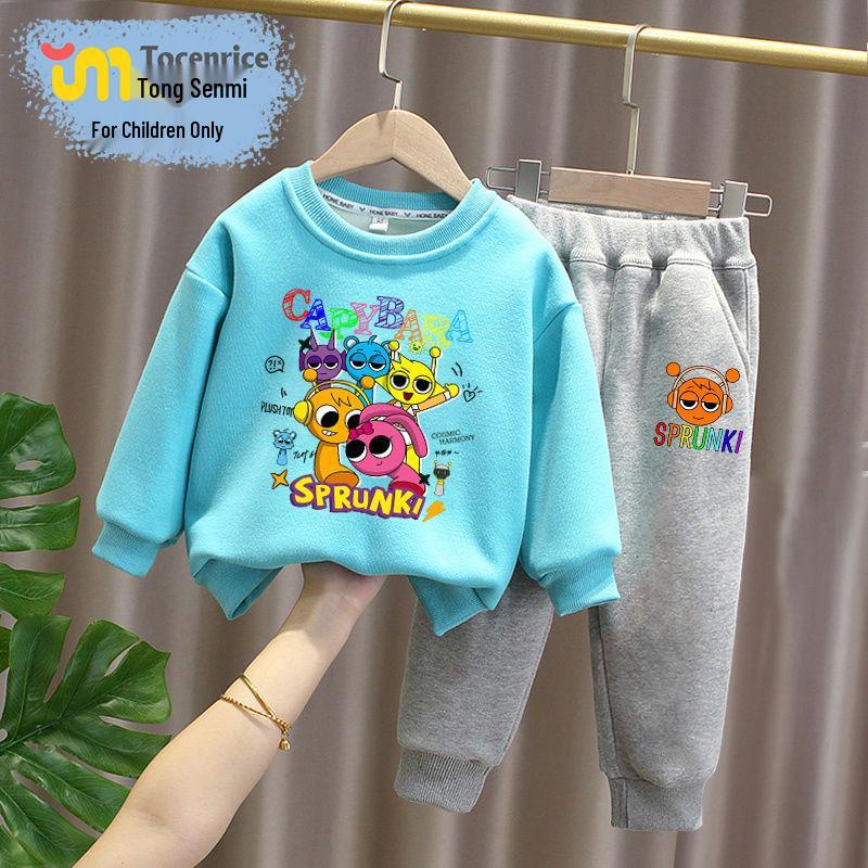 Sprunki Rhythm Box Kids' Plus Velvet Hoodie Set, Unisex, Warm Two-Piece for Autumn/Winter