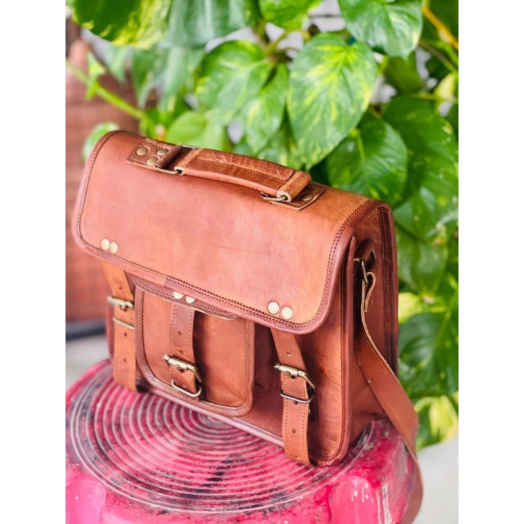 Men's Real Goat Leather Vintage Brown Messenger Laptop Briefcase & Shoulder Bag