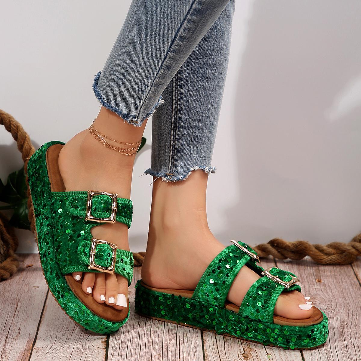 

New masonry double buckle shoes women s casual outer wear home summer cool slippers European and American imitation rabbit slippers women 36 зелёный