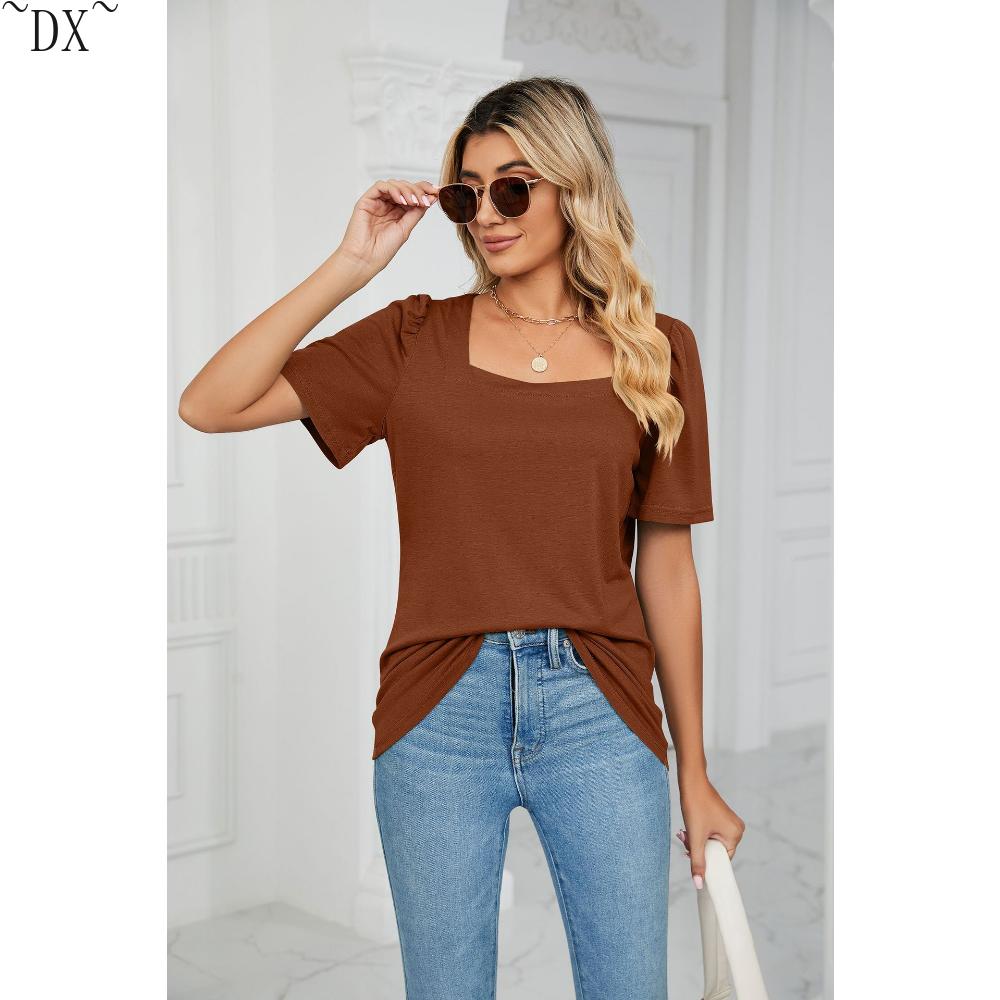 DX~~ Весенне-летняя новая однотонная свободная футболка с квадратным воротником — фото 14