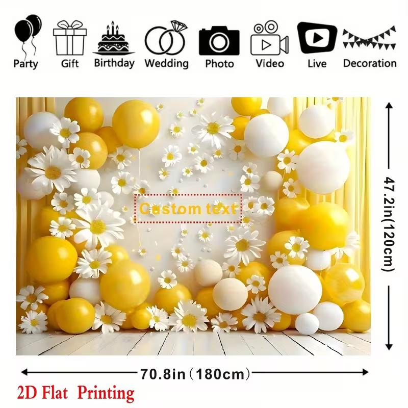 Personalized Text Daisy and Balloon Birthday Backdrop Yellow Floral Party Background Banner