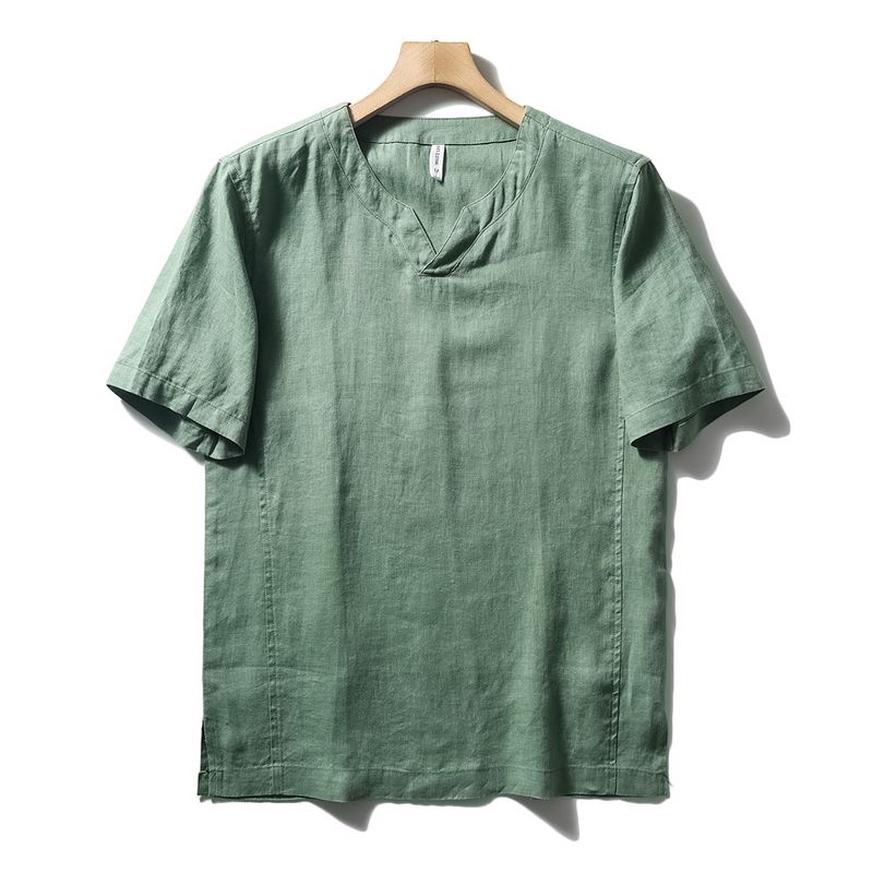Chinese Style Natural Linen T-Shirt Men's Summer Thin New Arrival Loose V-neck Undershirt Export Export Men's T-shirt