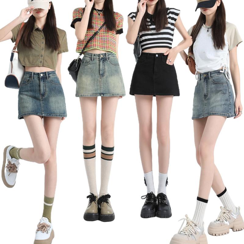 Fusta scurtă de denim retro Fusta scurtă de slăbire cu talie înaltă de vară pentru femei, Fusta înfășurată în șold cu linie A anti-orbire