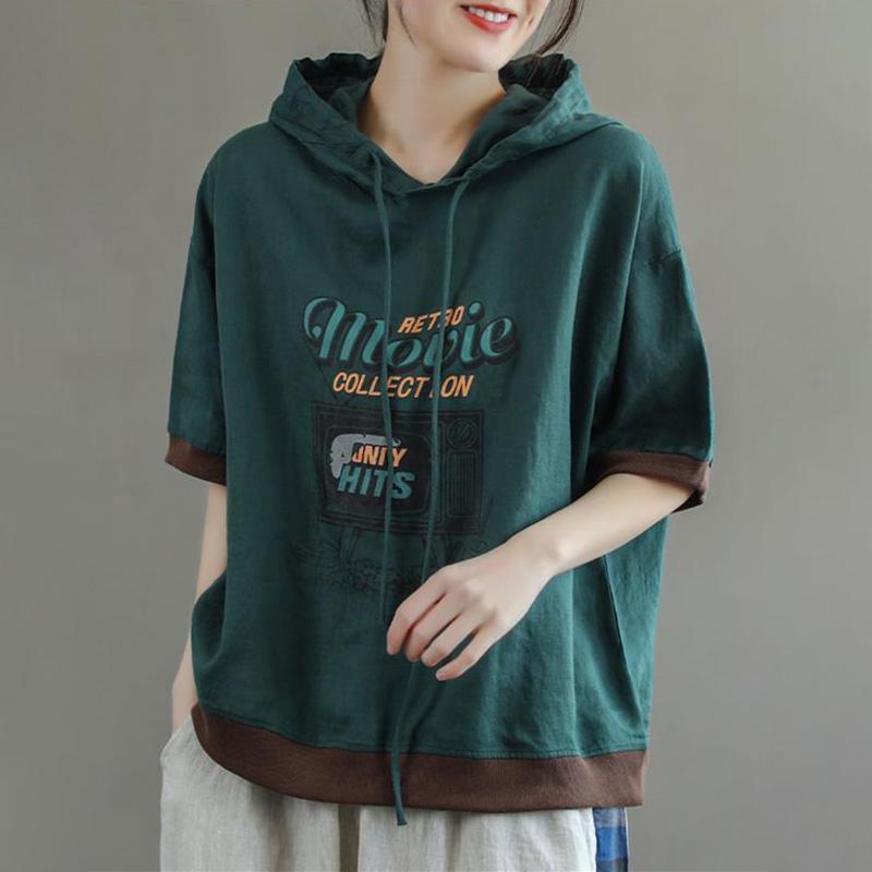 

Хлопковый свитер с короткими рукавами, женский летний тонкий свободный топ с капюшоном и короткими рукавами, повседневная удобная футболка XXXL зелёный