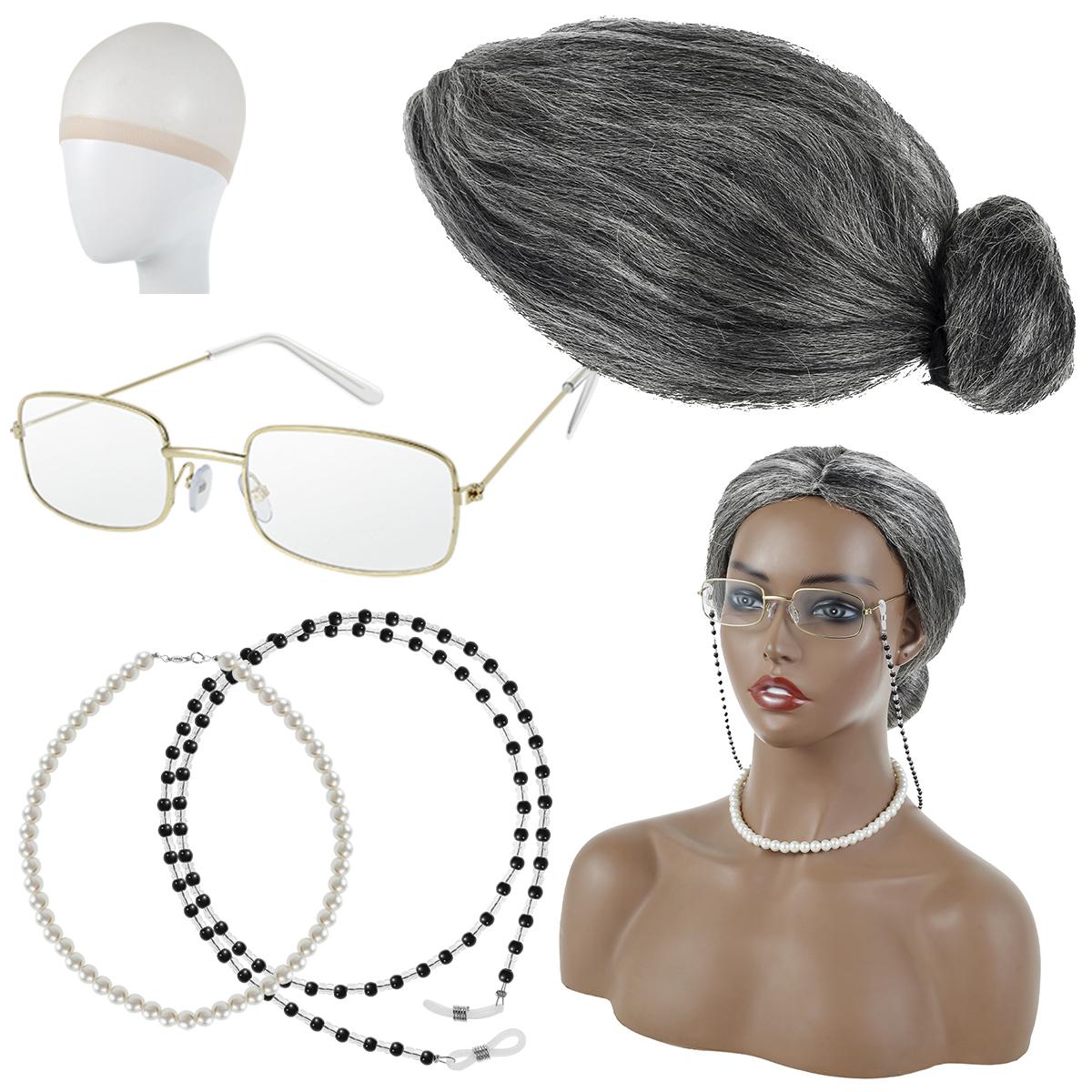 

Косплей-набор «Бабушка» Забавный наряд старушки с париком, шапочками для парика, жемчужным ожерельем, цепочкой для очков. Реалистичный костюм бабушки для девочки.