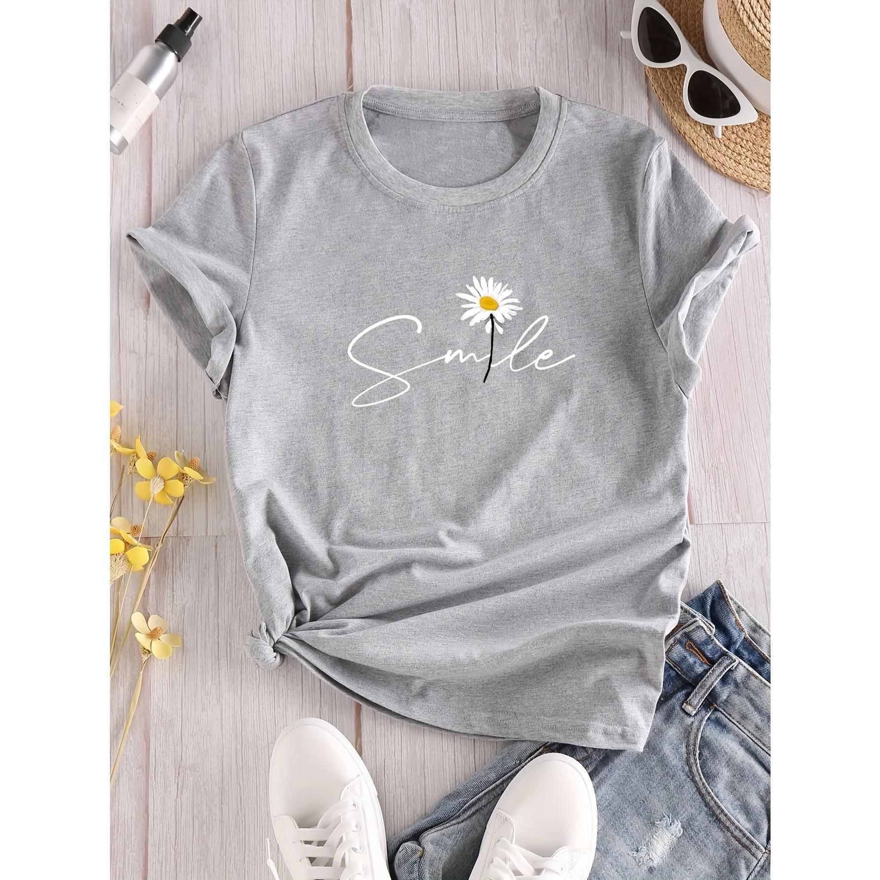 

Футболка с круглым вырезом и цветочным принтом, повседневная футболка с коротким рукавом для весны и лета, женская одежда S