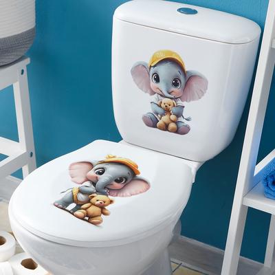 Cartoon Cute Bear and Elephant Toilet Seat Sticker Bathroom Decor Playful Removable Waterproof Decal